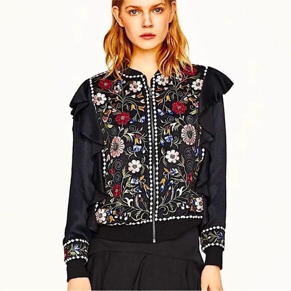 Zara Jackets & Blazers - Zara viscose/cotton Floral Embroidered Black bomber Jacket, S